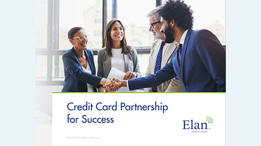Four business professionals meet in an office with large windows. Underneath the image the text reads "Credit Card Partnership for Success" with the Elan logo in the lower right corner.